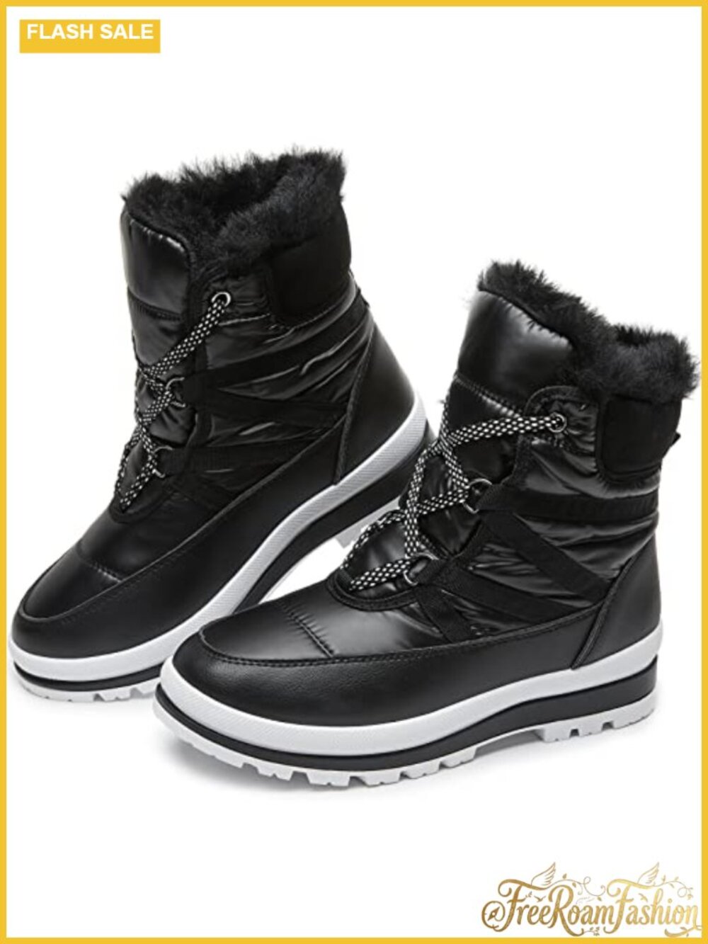 Faux Leather Fur Lined Mid-Calf Waterproof Snow Boots Lace-Up Combat